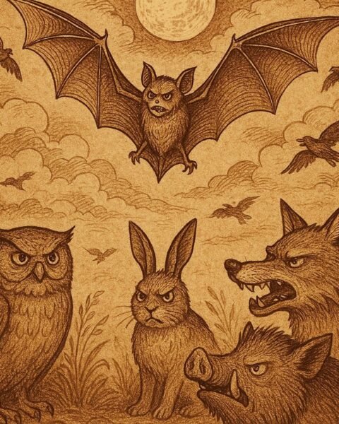 Bat flying at night while animals and birds reject him, Leonean folktale