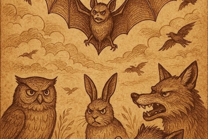Bat flying at night while animals and birds reject him, Leonean folktale