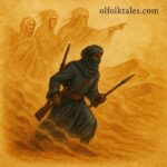 Tuareg hunter guided by ancestral spirits through a desert sandstorm