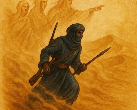 Tuareg hunter guided by ancestral spirits through a desert sandstorm