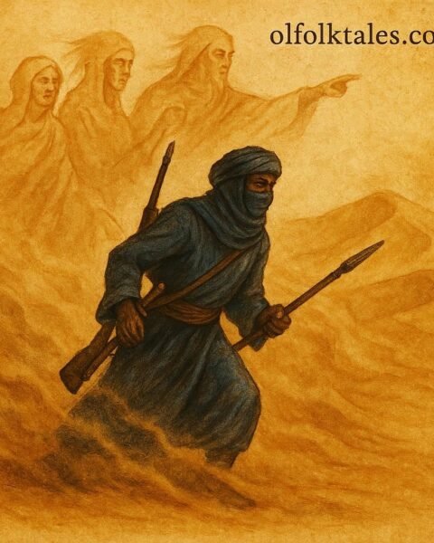 Tuareg hunter guided by ancestral spirits through a desert sandstorm