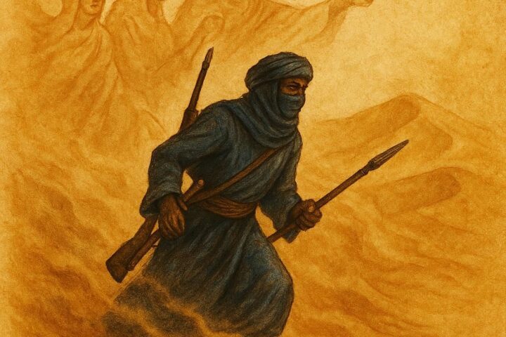 Tuareg hunter guided by ancestral spirits through a desert sandstorm