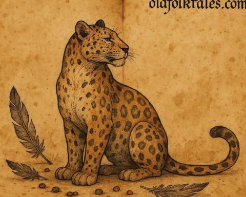 a proud leopard with faded paint, bent feathers, and scattered beads – Benga folktale