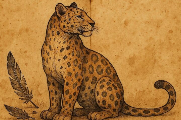 a proud leopard with faded paint, bent feathers, and scattered beads – Benga folktale