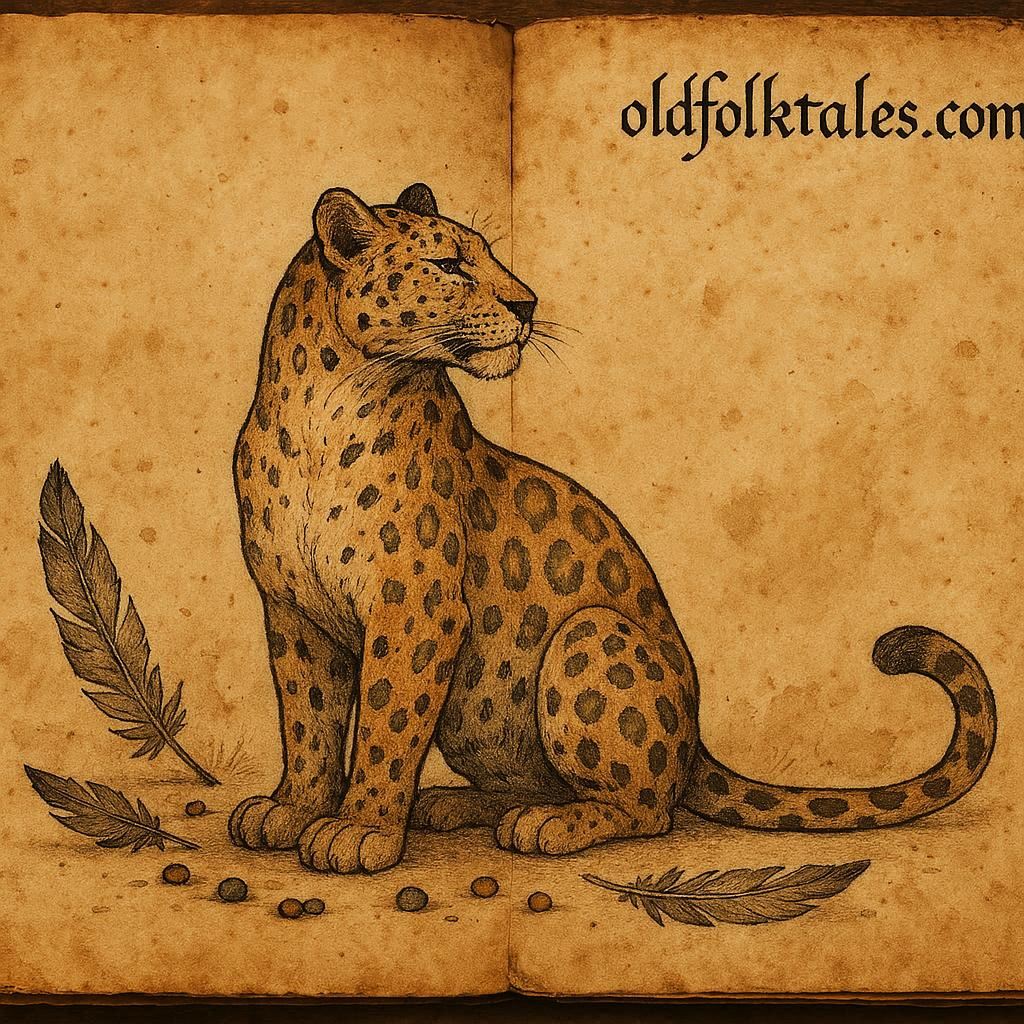 a proud leopard with faded paint, bent feathers, and scattered beads – Benga folktale