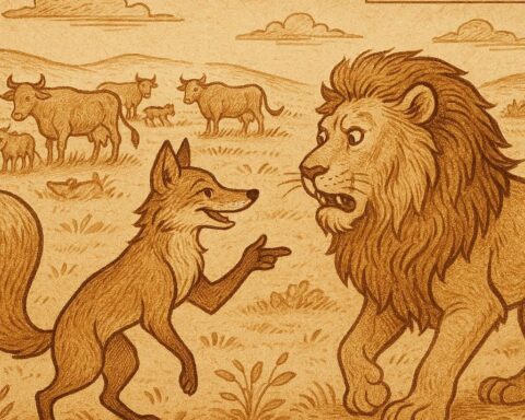 Clever fox tricking a lion near a herd of cattle- A Somali Folktale
