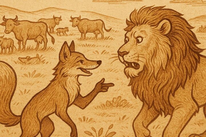 Clever fox tricking a lion near a herd of cattle- A Somali Folktale