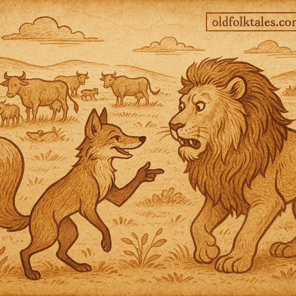 Clever fox tricking a lion near a herd of cattle- A Somali Folktale