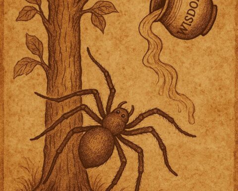 a spider climbing a tree with a pot of wisdom spilling across the land, inspired by an Ewe folktale from Togo