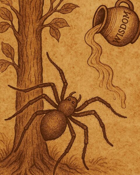 a spider climbing a tree with a pot of wisdom spilling across the land, inspired by an Ewe folktale from Togo