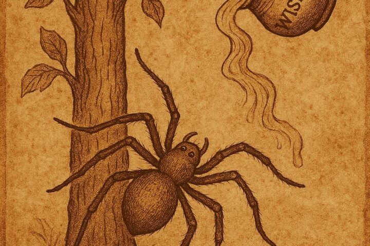 a spider climbing a tree with a pot of wisdom spilling across the land, inspired by an Ewe folktale from Togo