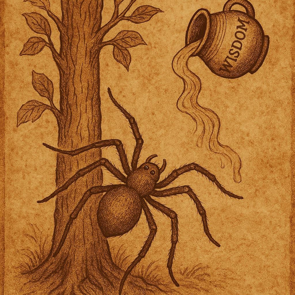 a spider climbing a tree with a pot of wisdom spilling across the land, inspired by an Ewe folktale from Togo