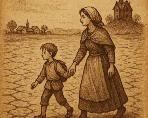 Boy and his mother walking across cracked, dry land toward a distant village – Somali Folktale