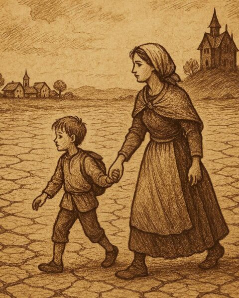 Boy and his mother walking across cracked, dry land toward a distant village – Somali Folktale