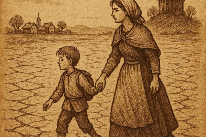 Boy and his mother walking across cracked, dry land toward a distant village – Somali Folktale