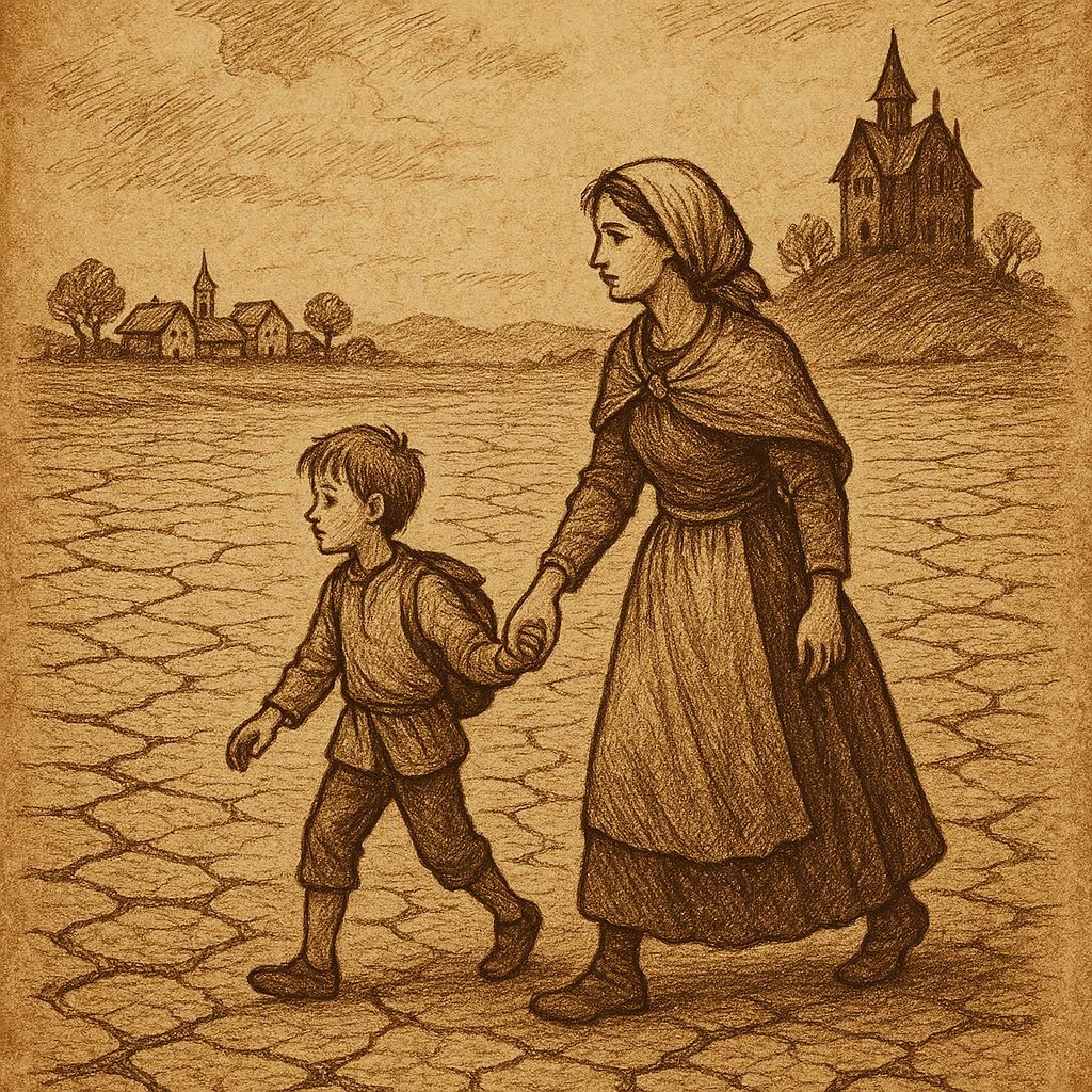 Boy and his mother walking across cracked, dry land toward a distant village – Somali Folktale