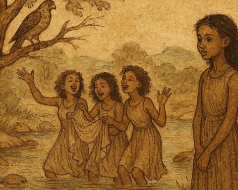 Parchment-style illustration of Ethiopian girl by river with hawk holding clothes, from traditional Ethiopian folktale.