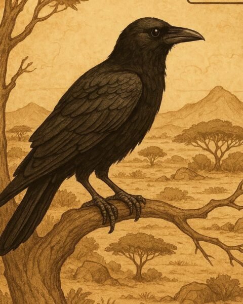 A black crow perched on a tree branch in a Somali folktale