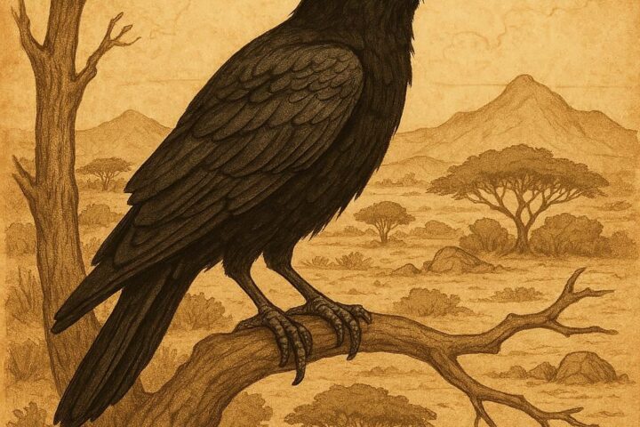 A black crow perched on a tree branch in a Somali folktale