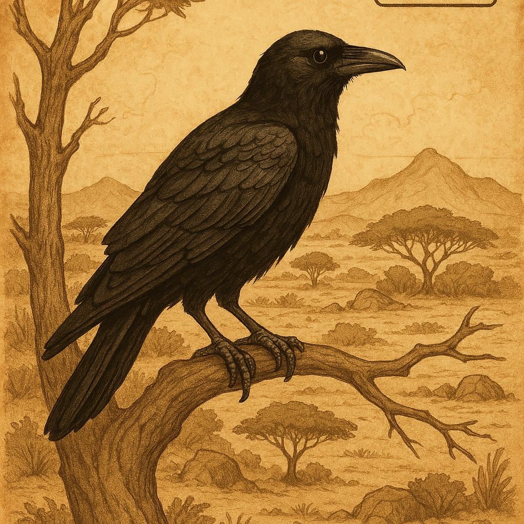 A black crow perched on a tree branch in a Somali folktale