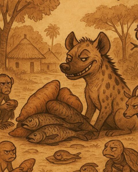 A sly hyena with a crooked smile sitting beside a large pile of food, while monkey, antelope, tortoise, and birds glare at their small portions
