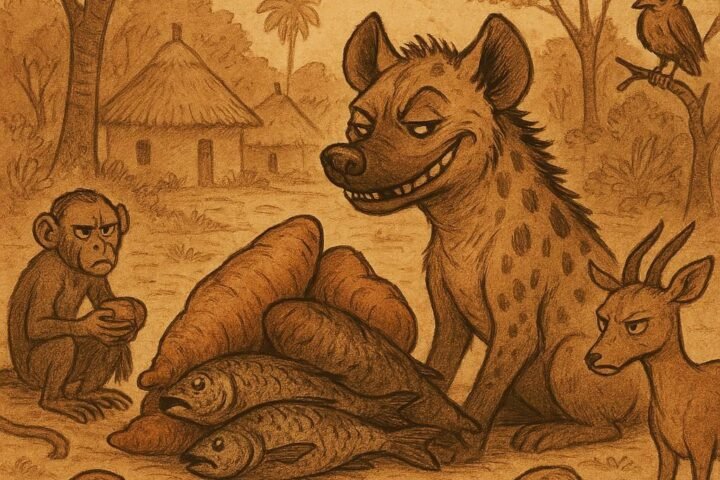 A sly hyena with a crooked smile sitting beside a large pile of food, while monkey, antelope, tortoise, and birds glare at their small portions