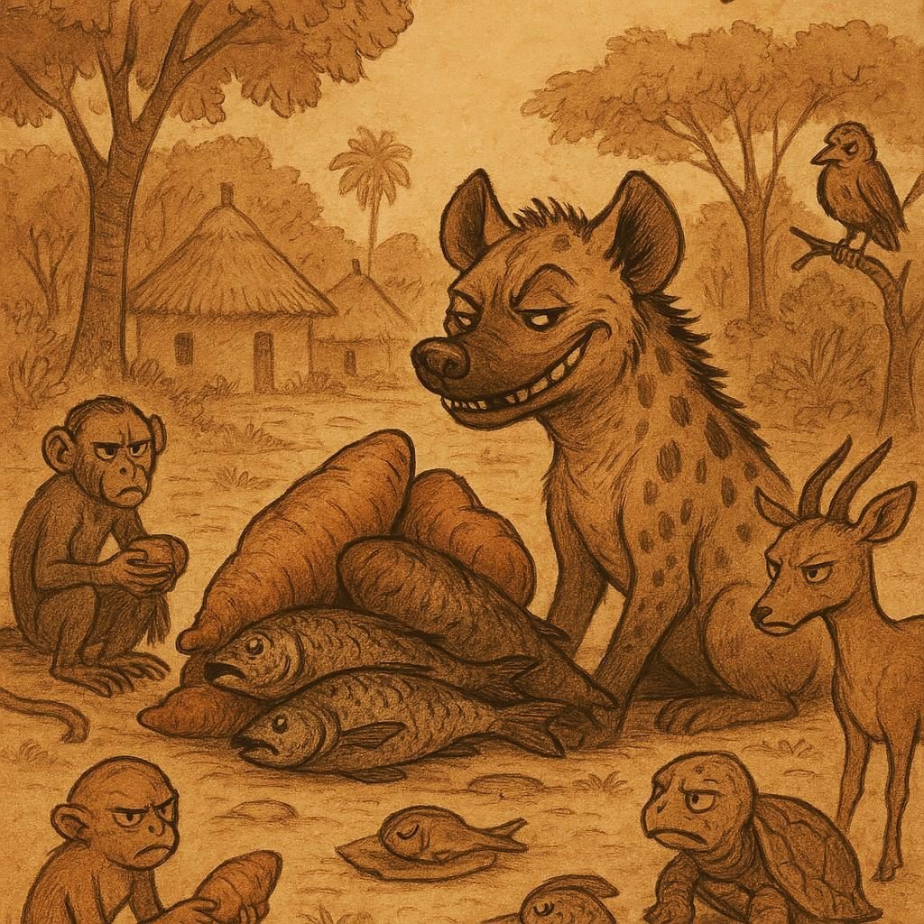 A sly hyena with a crooked smile sitting beside a large pile of food, while monkey, antelope, tortoise, and birds glare at their small portions