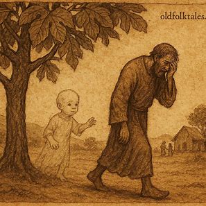 Illustration of a Bemba folktale showing a man leaving while a ghostly infant follows, symbolizing justice.