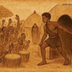 Illustration of Mhala at the threshold proving his wit before Chief Mukuru in a Bemba folktale.