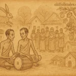 Bemba folktale scene of Awumbi and Mwawumbi, famine-stricken friends, drums revealing betrayal in Zambia.