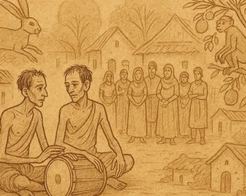 Bemba folktale scene of Awumbi and Mwawumbi, famine-stricken friends, drums revealing betrayal in Zambia.