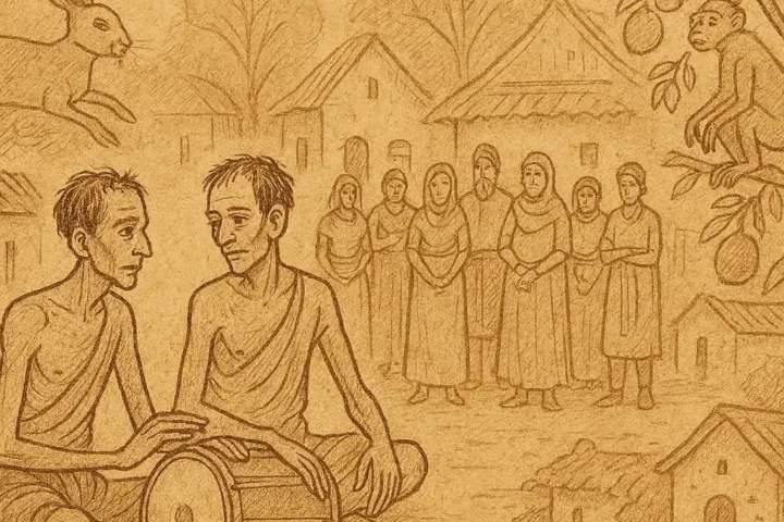 Bemba folktale scene of Awumbi and Mwawumbi, famine-stricken friends, drums revealing betrayal in Zambia.