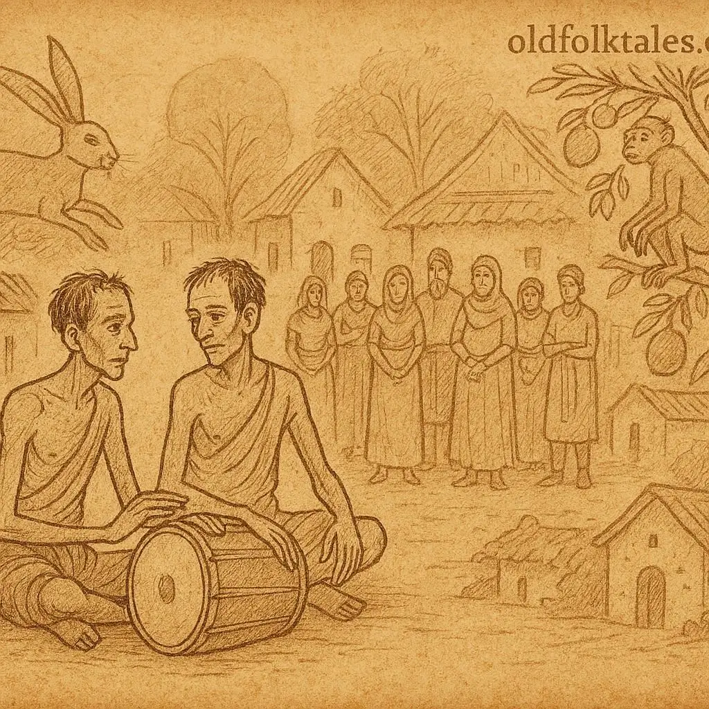 Bemba folktale scene of Awumbi and Mwawumbi, famine-stricken friends, drums revealing betrayal in Zambia.