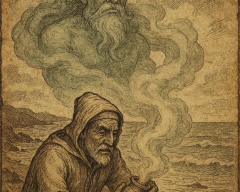 Moroccan fisherman releasing a giant jinni from a jar by the sea - Moroccan Folktale