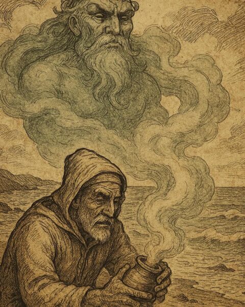 Moroccan fisherman releasing a giant jinni from a jar by the sea - Moroccan Folktale