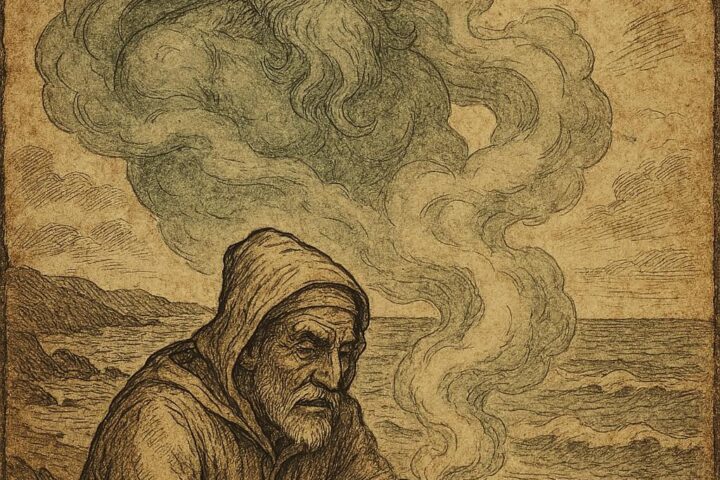 Moroccan fisherman releasing a giant jinni from a jar by the sea - Moroccan Folktale