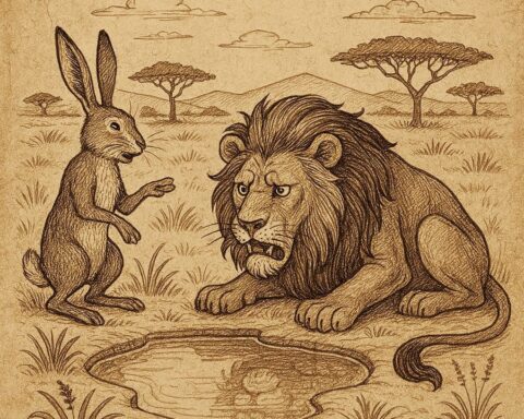 a hare tricking a lion near a water pool in the Malian savannah Mali folktale
