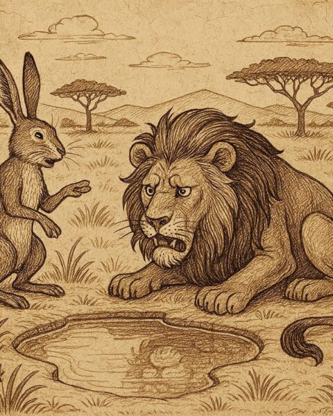 a hare tricking a lion near a water pool in the Malian savannah Mali folktale