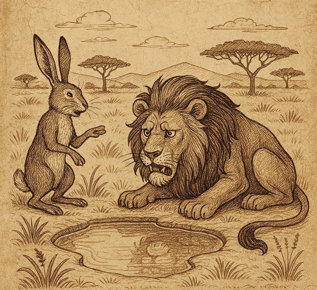 a hare tricking a lion near a water pool in the Malian savannah Mali folktale