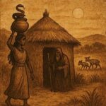 Ramba girl with snake coil, witch-doctor, animals forming a new village, Zambia.