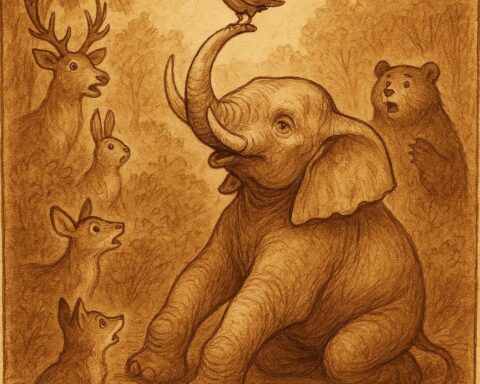 A weary elephant kneeling in the forest as a pigeon rests on his tusk while other animals watch in awe – Guinean folktale