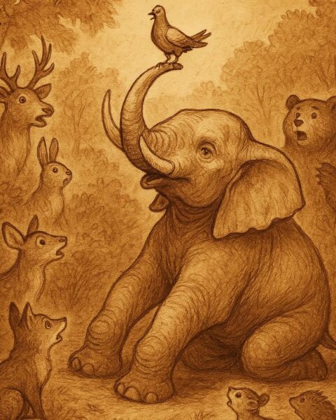 A weary elephant kneeling in the forest as a pigeon rests on his tusk while other animals watch in awe – Guinean folktale