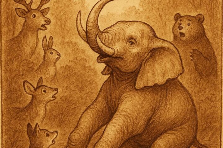 A weary elephant kneeling in the forest as a pigeon rests on his tusk while other animals watch in awe – Guinean folktale
