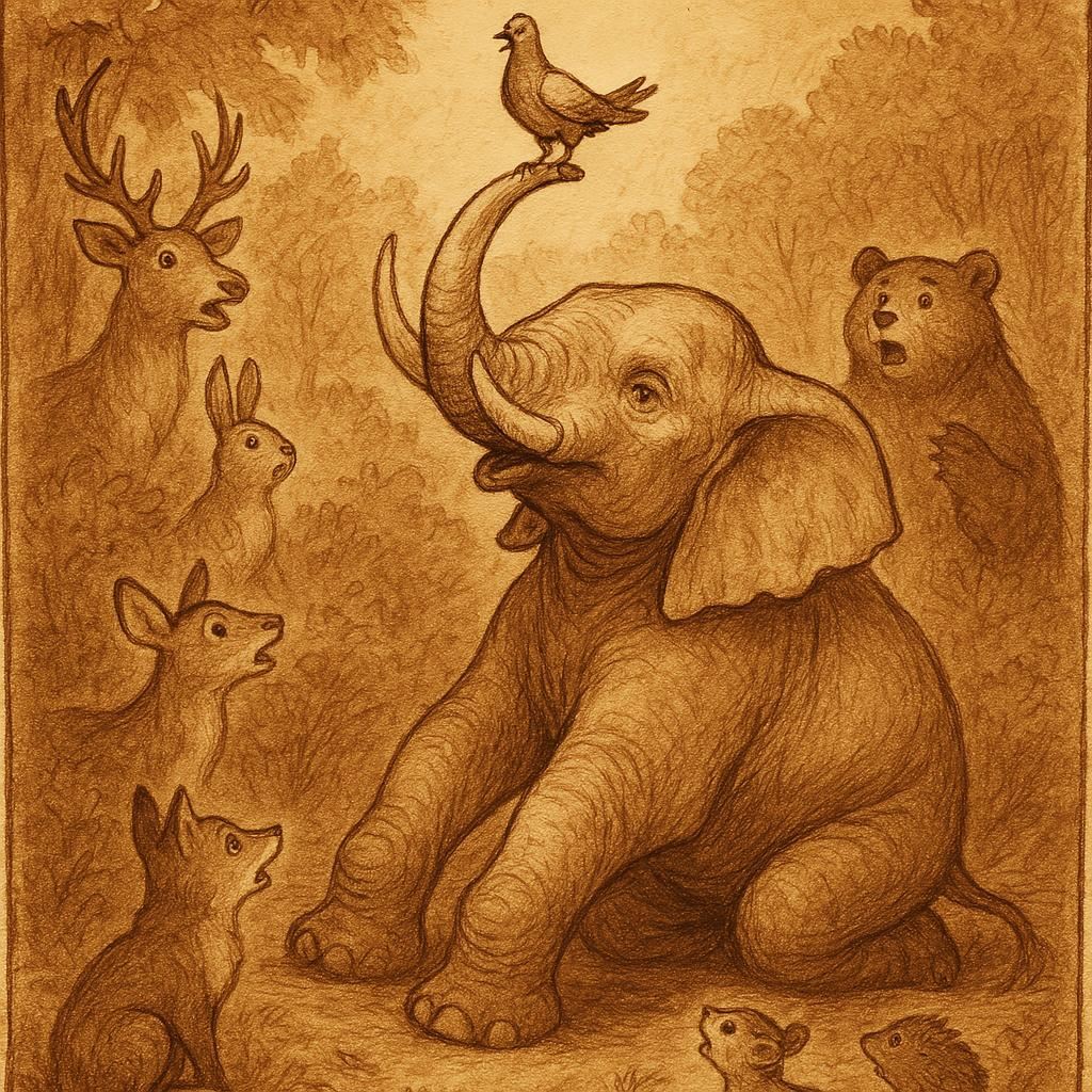 A weary elephant kneeling in the forest as a pigeon rests on his tusk while other animals watch in awe – Guinean folktale