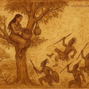 Bemba folktale from Zambia showing a woman in a tree weaving baskets while men are cast down by magic.