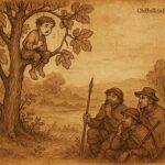 A Bemba folktale from Zambia showing Ndime singing from a fig tree as hunters rest below.