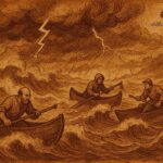 Fishermen in wooden canoes struggling on a stormy lake as strong waves rise around them - Ivorian folktale
