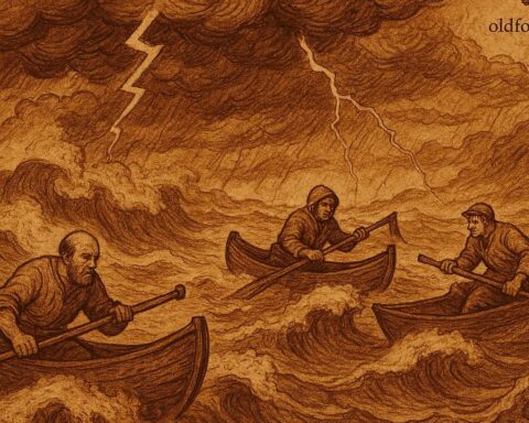 Fishermen in wooden canoes struggling on a stormy lake as strong waves rise around them - Ivorian folktale
