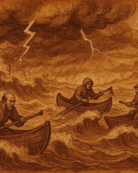 Fishermen in wooden canoes struggling on a stormy lake as strong waves rise around them - Ivorian folktale