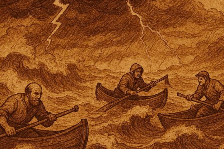 Fishermen in wooden canoes struggling on a stormy lake as strong waves rise around them - Ivorian folktale